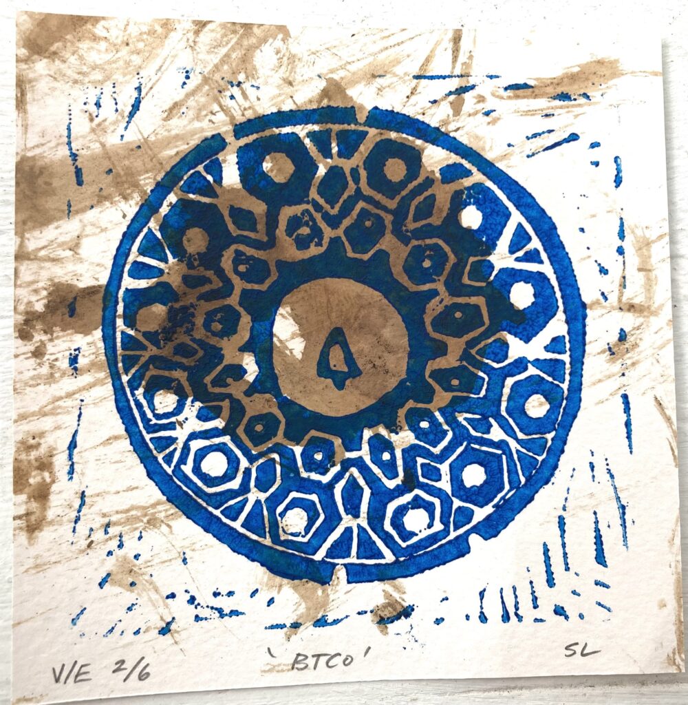 BTCo Linocut on walnut paper