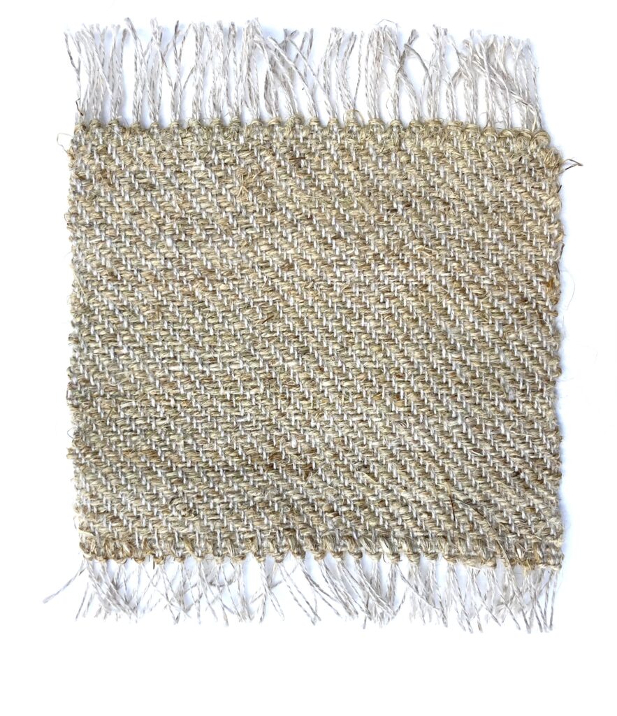 Nettle Twill Prototype, 2024, 2 ply handspun nettle bast fibre weft and commercial linen
warp, woven on floor loom, 12 cm x 15 cm