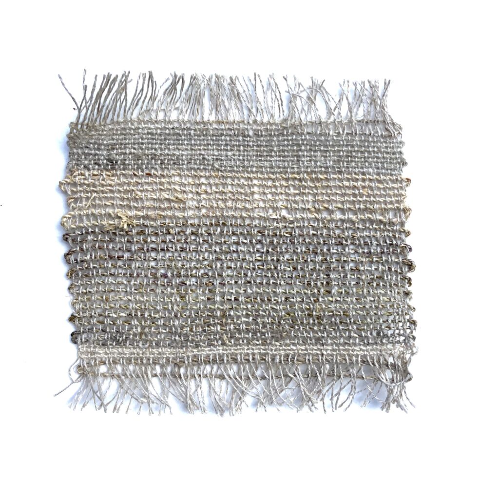 Woven Cordage Prototype, various nettle and milkweed cordage weft and commercial linen
warp, woven on floor loom, 13 x 13 cm