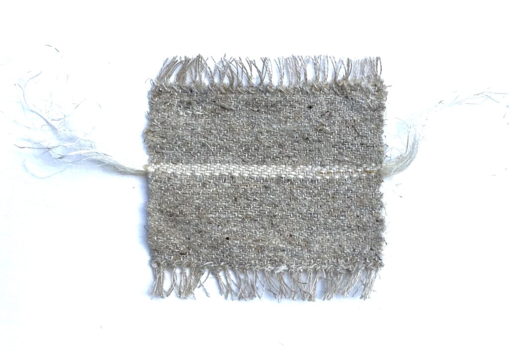 Milkweed 2 ways Prototype, 2024, handspun and unspun milkweed bast fibre weft and
commercial linen warp, woven on floor loom, 13 x 13 cm