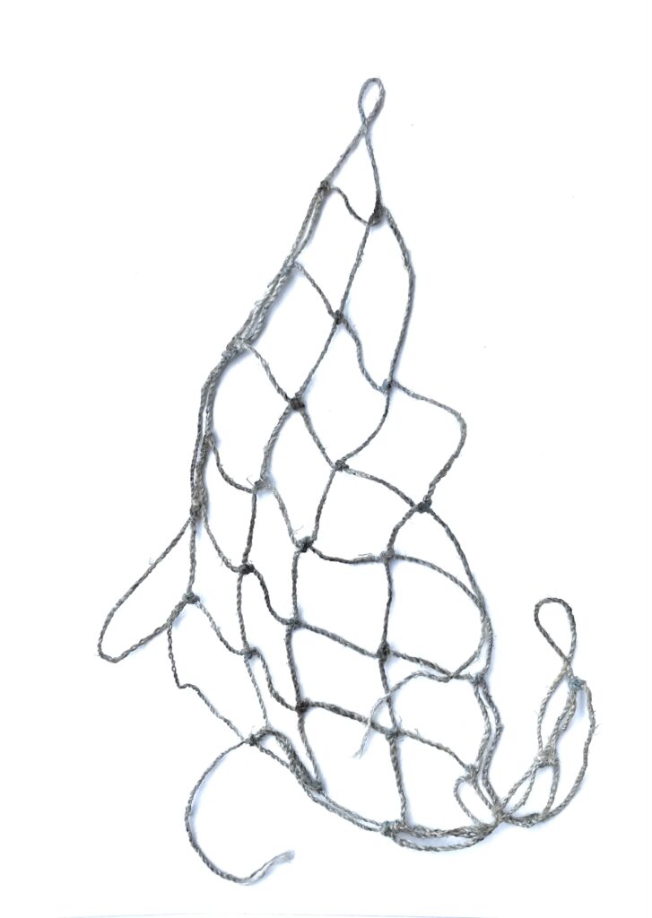 Milkweed Net, 2024, Milkweed bast fibre cordage made into a net using 3D printed tools,
irregular shape 15cm x 30cm